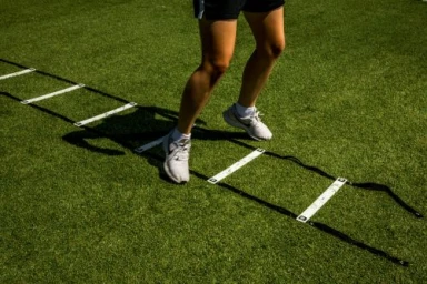Close-up of a person running through an agility ladder drill on a bright green turf field.