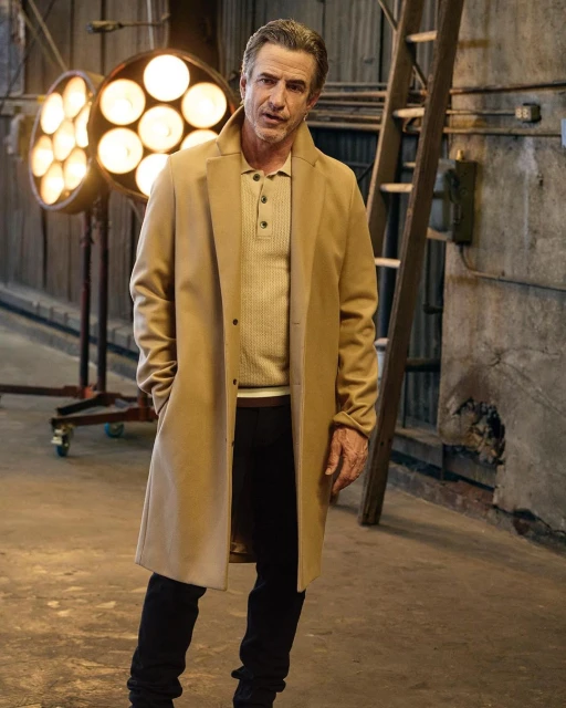 A man in a tan overcoat, light brown ribbed sweater, and dark pants stands indoors near studio lighting, posing for a fashion portrait.