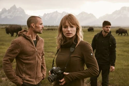 Three people in a field, woman in the foreground holding a camera, with bison and mountain range in the background under an overcast sky.