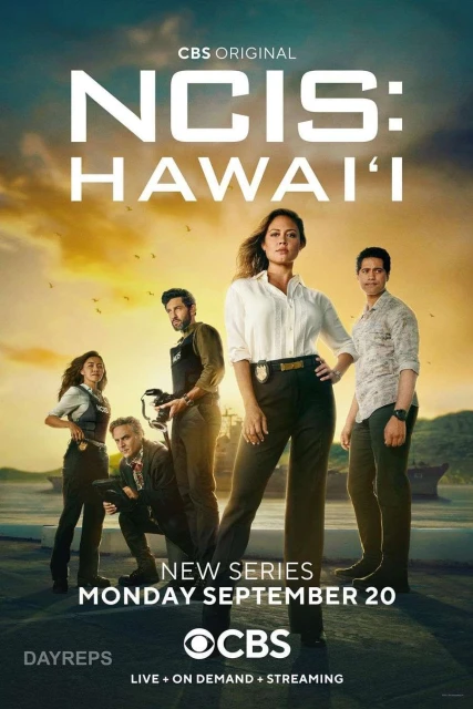 NCIS: Hawai'i poster features the main cast in an outdoor setting at sunset. The CBS logo and show title are prominently displayed.