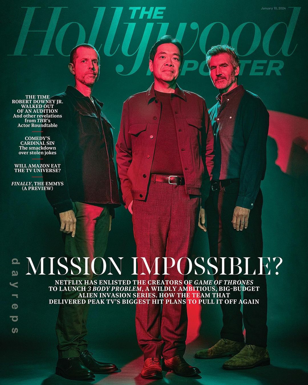 Cover of The Hollywood Reporter magazine with three men standing in a studio with red and green lighting. The title is in large font.