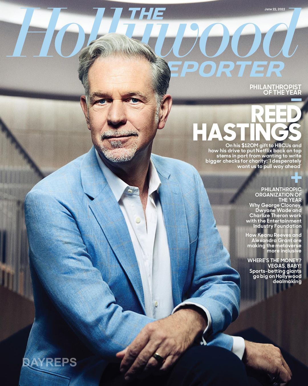 Magazine cover featuring Reed Hastings of Netflix wearing a blue blazer, highlighting his recognition as Philanthropist of the Year.