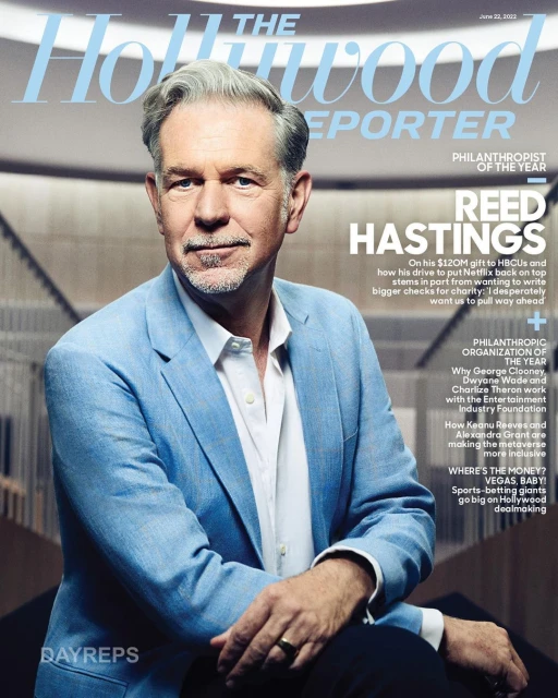 Magazine cover featuring Reed Hastings of Netflix wearing a blue blazer, highlighting his recognition as Philanthropist of the Year.