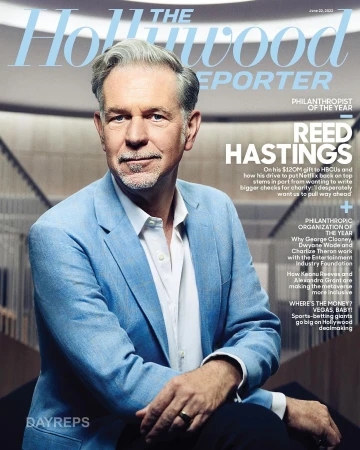 Magazine cover featuring Reed Hastings of Netflix wearing a blue blazer, highlighting his recognition as Philanthropist of the Year.