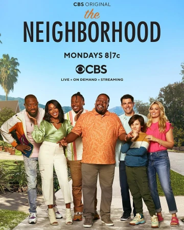 Promotional image for 'The Neighborhood' on CBS features seven cast members standing outside against a blue sky and suburban backdrop.