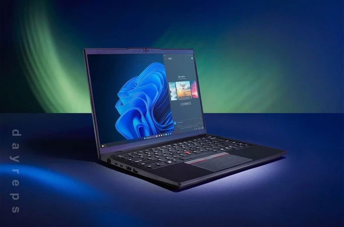 Laptop on a blue surface with a vibrant blue Windows wallpaper displayed on the screen against a gradient green and blue background.