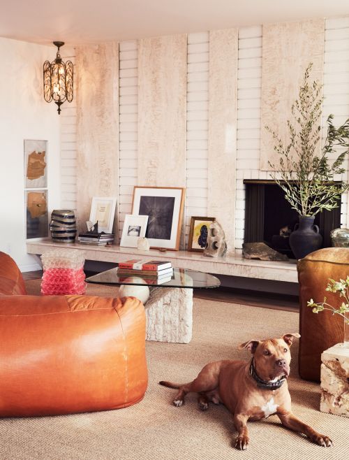 A dog lounges in a living room with a tan beanbag chair, travertine table, and fireplace topped with decorative objects in a modern interior.