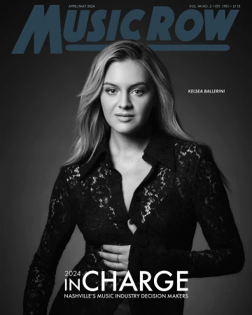 Music Row magazine cover featuring Kelsea Ballerini in a portrait, wearing a black lace shirt against a dark gray background.