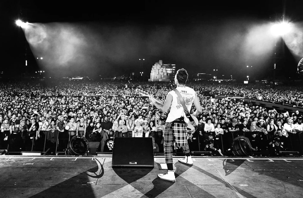 A concert featuring a performer on stage viewed from the back, facing a large crowd illuminated by stage lights in black and white.