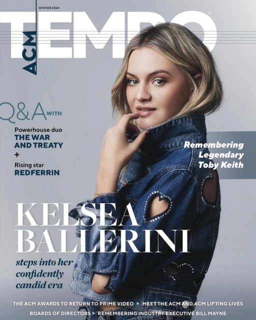 Magazine cover featuring Kelsea Ballerini in a denim jacket with heart cutouts, over a light blue background with bold text and winter 2014.