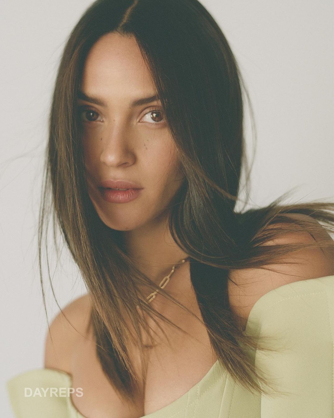 Portrait of a woman with long dark hair wearing a pale yellow off-shoulder top against a neutral background.