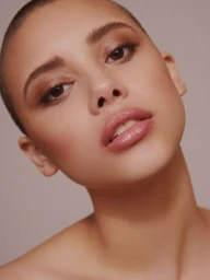 Close-up portrait of a woman with a shaved head and glossy nude lips against a neutral background.