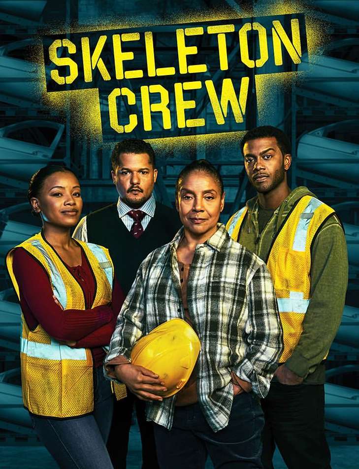 Promotional shot of the 'Skeleton Crew' cast featuring four adults posing in front of a blurred storage-facility backdrop and the show's title.