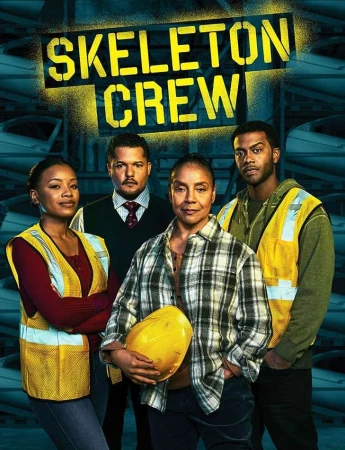 Promotional shot of the 'Skeleton Crew' cast featuring four adults posing in front of a blurred storage-facility backdrop and the show's title.