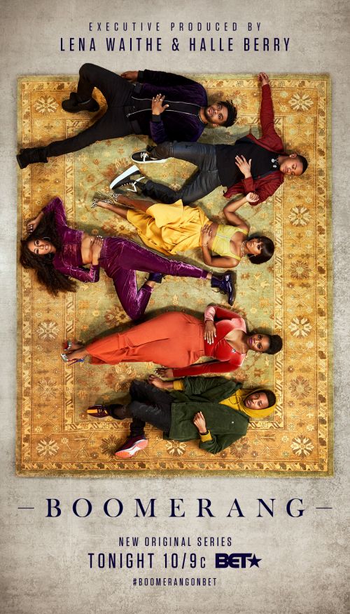 Promotional image for the television show Boomerang featuring six people lying on a rug looking upwards towards the camera.