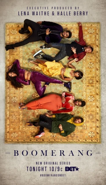 Promotional image for the television show Boomerang featuring six people lying on a rug looking upwards towards the camera.