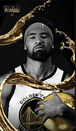 Sports portrait of a male basketball player in a Golden State Warriors jersey holding a gold basketball with golden liquid splashes.