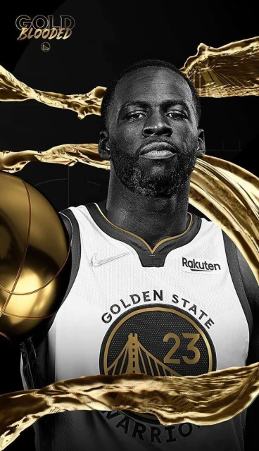 Monochrome portrait of basketball player Draymond Green in a Golden State Warriors jersey with gold accents and swirling gold paint.