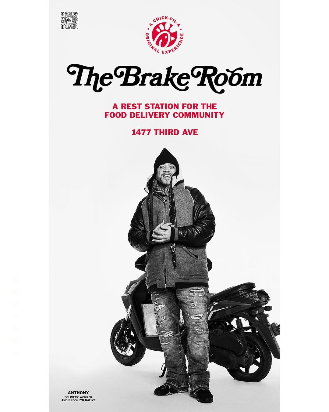 Black and white portrait of an adult man standing next to a motor scooter. The Brake Room food delivery community advertisement.