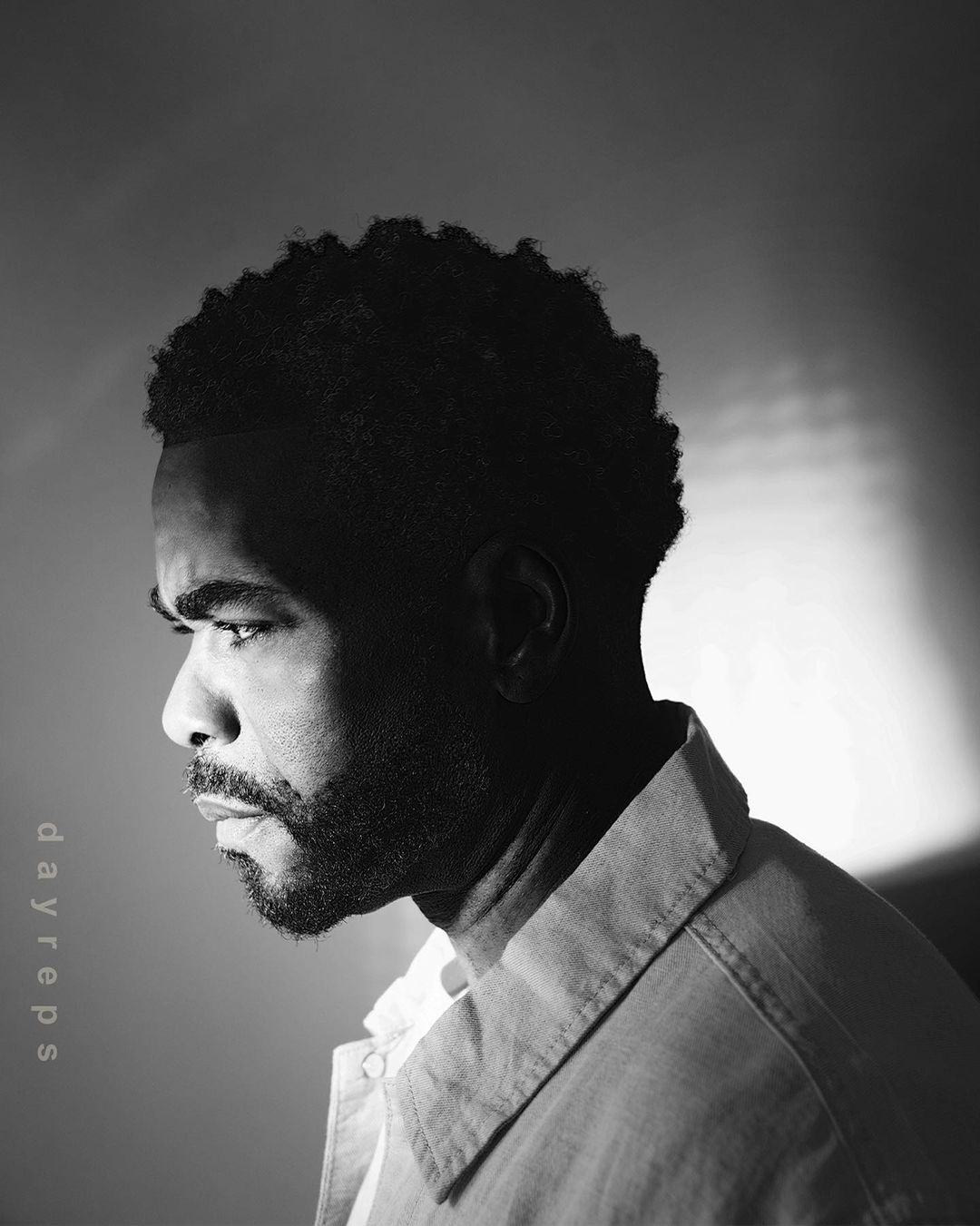 Monochromatic portrait of an African-American adult male with short curly hair and beard, looking off-camera, wearing a collared shirt.