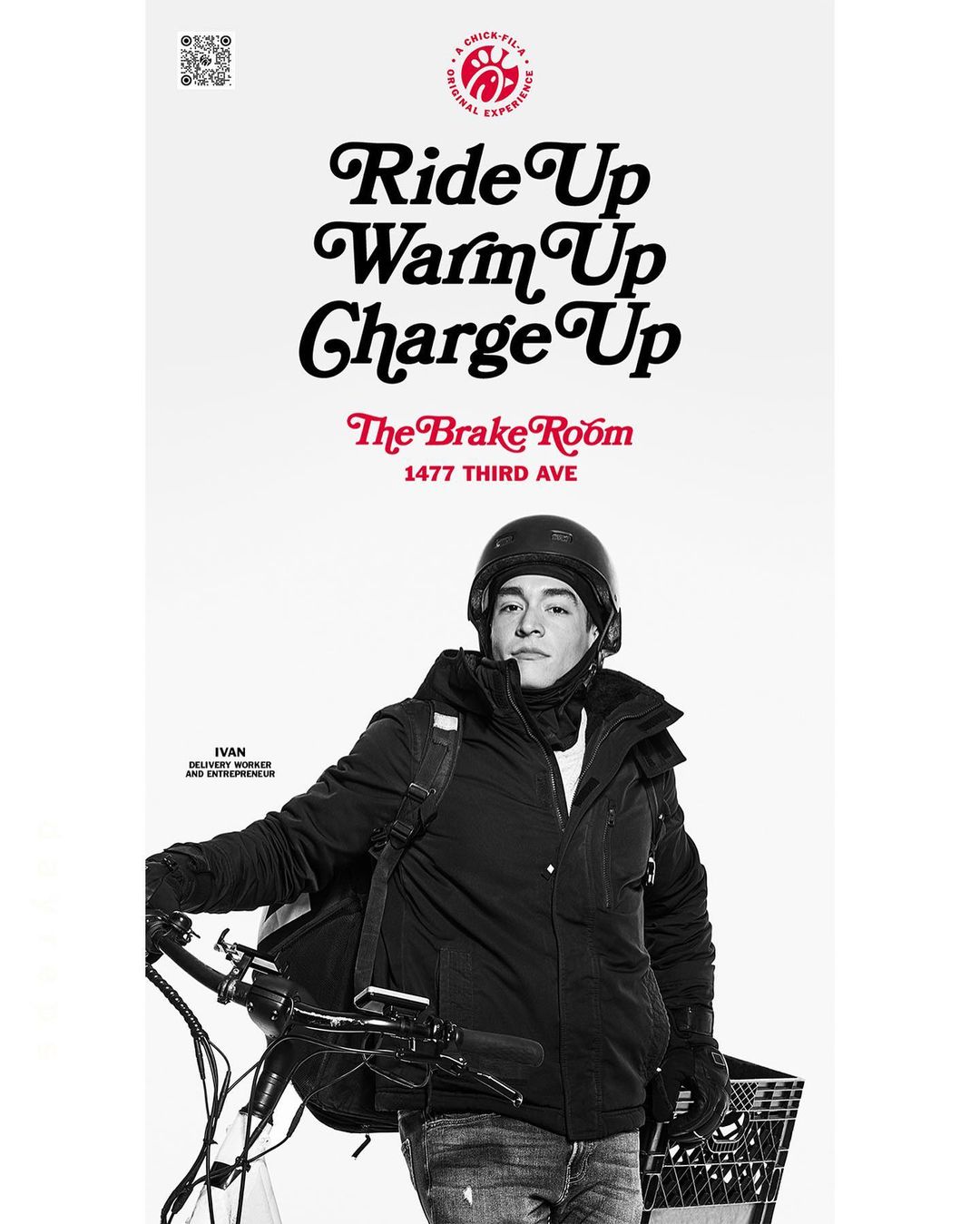 Delivery worker in helmet and winter coat poses with e-bike against a white backdrop with promotional text for The Brake Room.