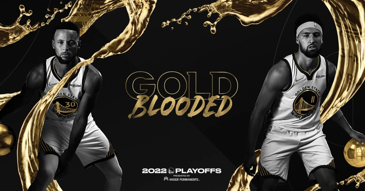 Golden State Warriors promotional image featuring Stephen Curry and Klay Thompson in jerseys, highlighting 'Gold Blooded' 2022 Playoffs.
