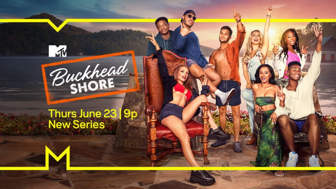 Cast members of MTV's "Buckhead Shore" pose outdoors by a lake at sunset; reality TV series promotion with logo and airdate text.