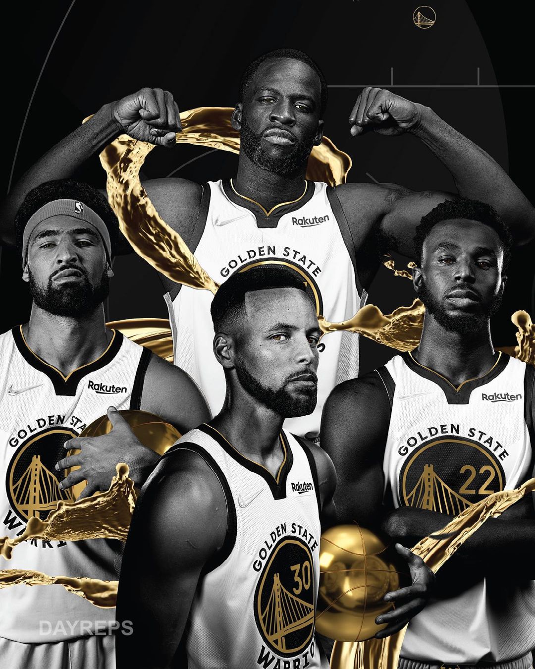 Four Golden State Warriors basketball players pose in white jerseys, highlighted by gold accents and a basketball, on a black background.