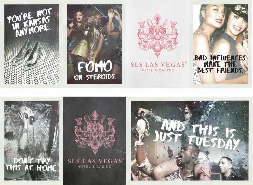 Collage of advertisement posters for SLS Las Vegas hotel and casino featuring nightlife, fashion and text quotes.