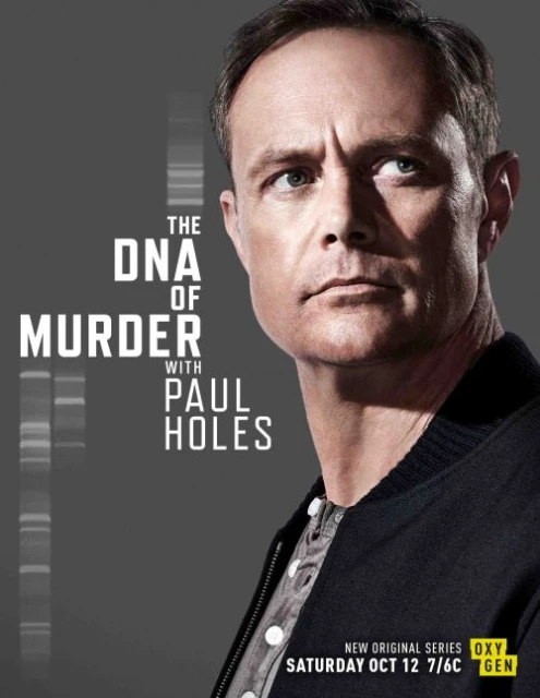 Promotional poster for 'The DNA of Murder' features a man in a black jacket against a grey background with visible DNA strands.