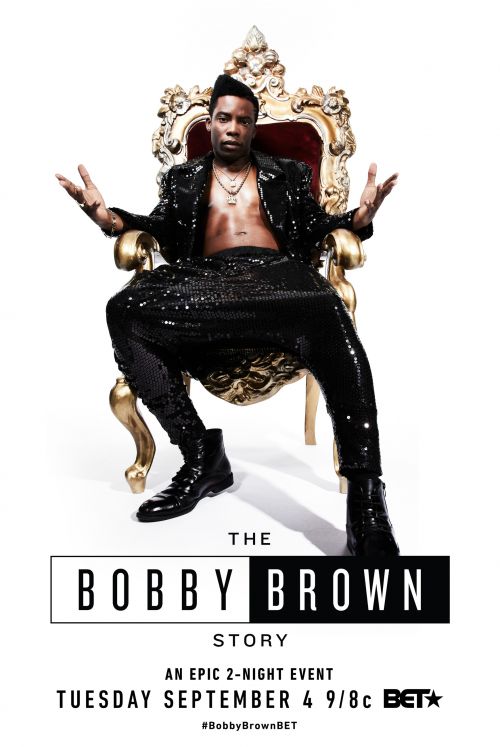 Promotional image for The Bobby Brown Story features an adult male in a sequined suit sitting on a gold throne against a white backdrop.