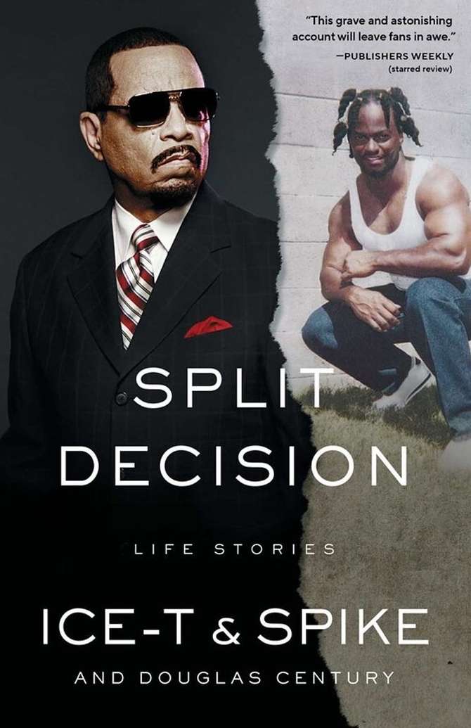 Book cover featuring Ice-T and Spike's biographies, "Split Decision," split in two; Ice-T in a suit, Spike in a tank top.