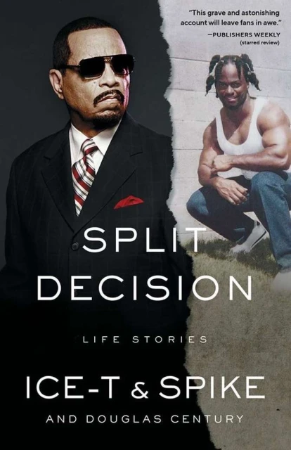 Book cover featuring Ice-T and Spike's biographies, "Split Decision," split in two; Ice-T in a suit, Spike in a tank top.