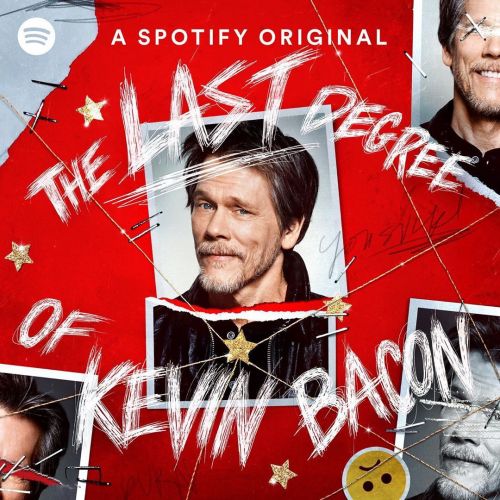 Close-up of Kevin Bacon on Spotify podcast cover. Photo collage of Kevin Bacon with layered text on red, white, grey backdrop.