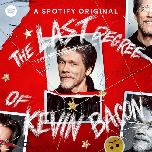 Close-up of Kevin Bacon on Spotify podcast cover. Photo collage of Kevin Bacon with layered text on red, white, grey backdrop.