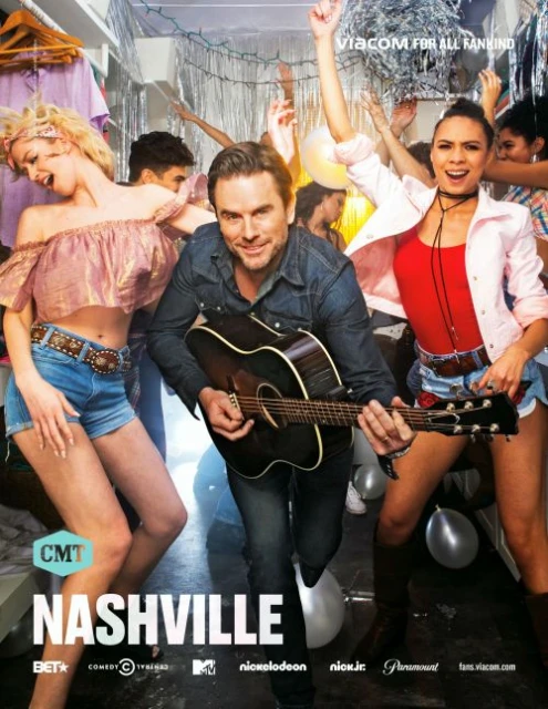 Promotional image featuring a man playing guitar surrounded by women dancing at a party. The text 'Nashville' is displayed at the bottom.
