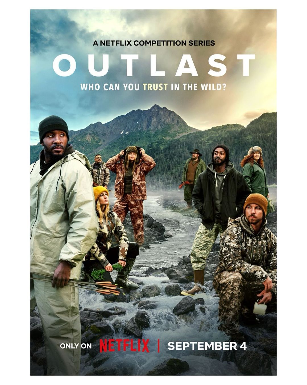 Poster for 'Outlast,' a Netflix competition series set in the wilderness. Group of people in outdoor apparel, mountain backdrop, promotional design.