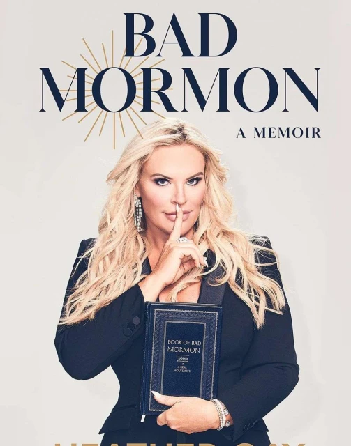 Book cover featuring a blonde woman in a black blazer, holding her memoir, titled 'Bad Mormon', against a neutral backdrop.