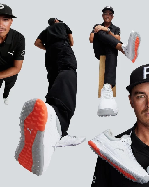 Multiple images of a male model wearing a black Puma polo shirt, black pants, and white golf shoes on a gray backdrop.