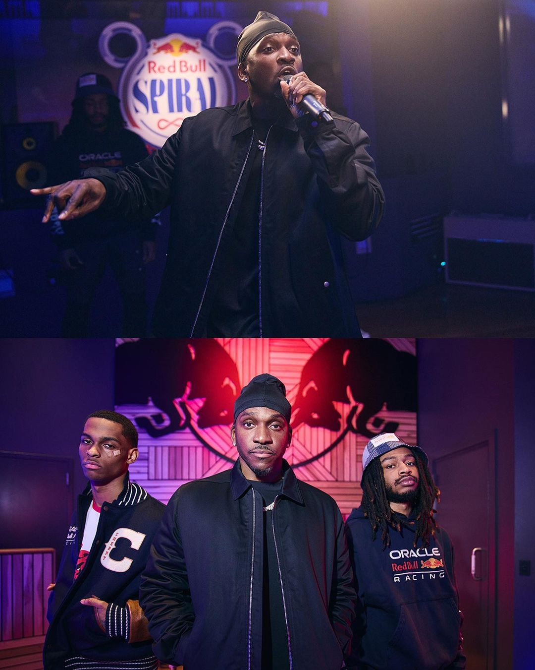 Performance shot featuring a singer with a microphone, backed by two men and brand logos for Red Bull and Oracle in a casual indoor setting.