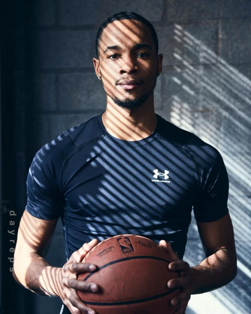 Portrait of an adult male athlete holding a basketball in front of a textured wall with light and shadow effects, indoor studio.