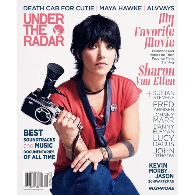Sharon Van Etten on Under the Radar magazine cover. The artist holds a vintage camera with text overlay 'Best Soundtracks and Music Documentaries'.