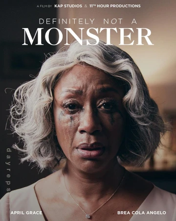 Close-up of a tearful African-American woman with grey curly hair looking downward, wearing a beige dress and necklace, film poster aesthetic.