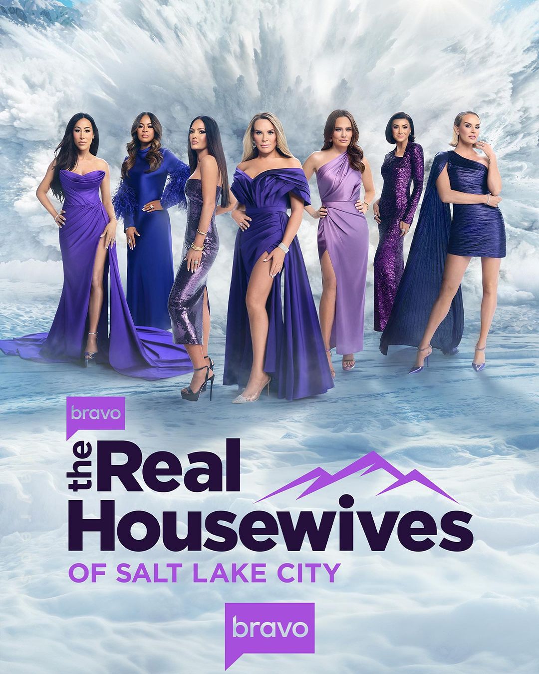 Seven women in gowns stand against a wintery background promoting 'The Real Housewives of Salt Lake City'.