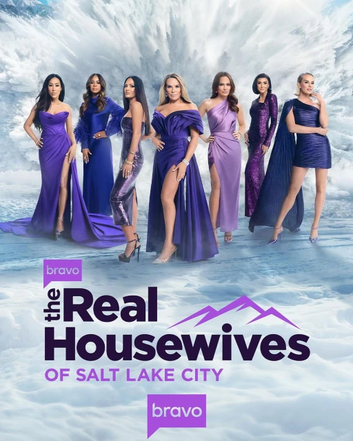 Seven women in gowns stand against a wintery background promoting 'The Real Housewives of Salt Lake City'.