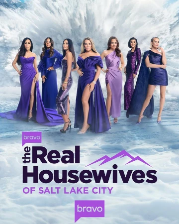 Seven women in gowns stand against a wintery background promoting 'The Real Housewives of Salt Lake City'.