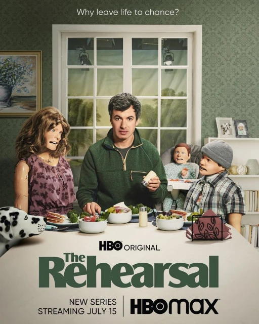 Promotional poster for 'The Rehearsal' series on HBO featuring a man at a table with a puppet family, promoting the show's premiere.