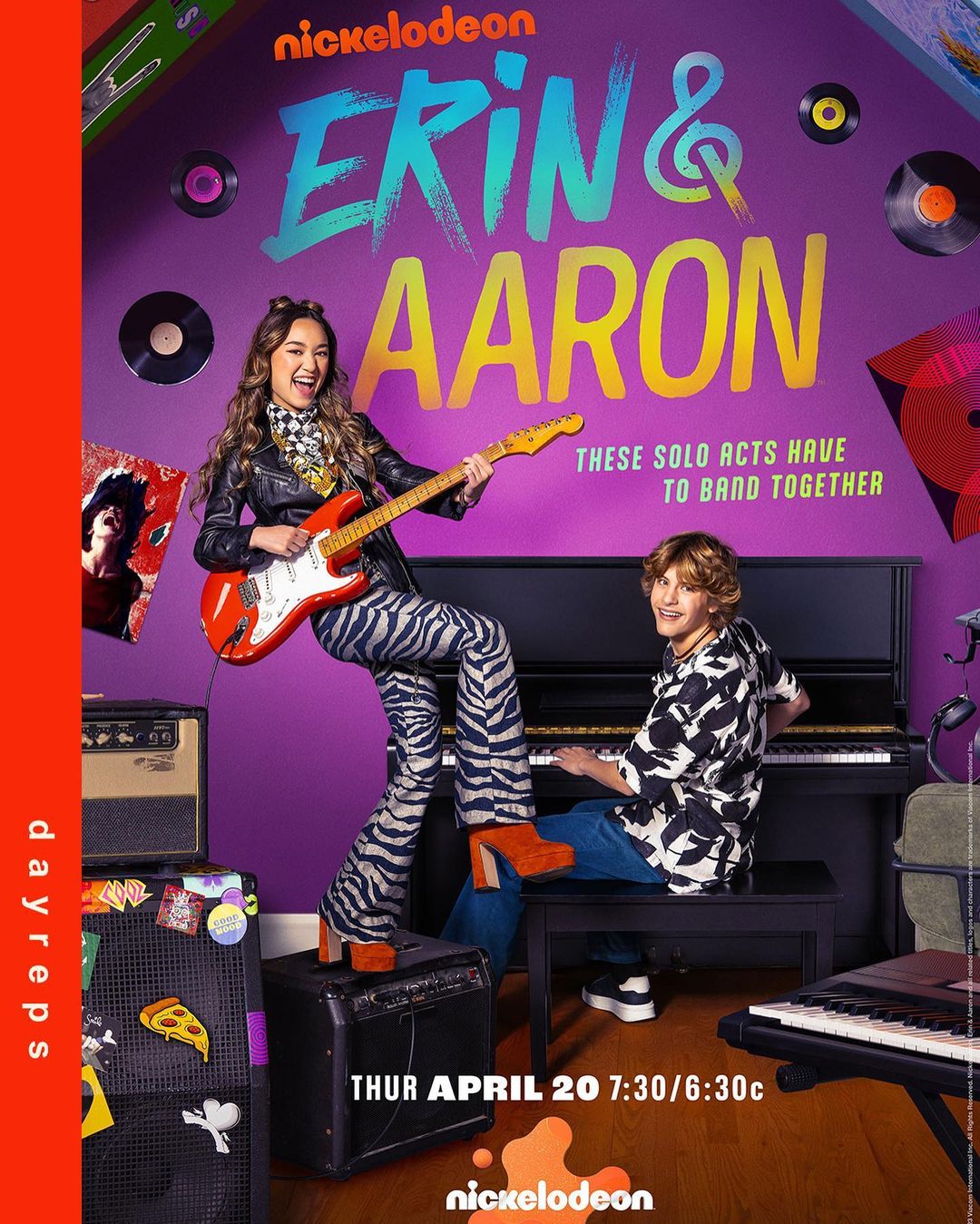 Promotional image for Nickelodeon's 'Erin & Aaron' show features the title, actors with instruments, and broadcast information.