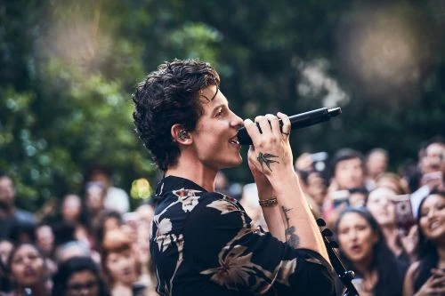 Singer Shawn Mendes performs on stage at outdoor event, surrounded by cheering crowd, wearing a black floral shirt and holding a microphone.