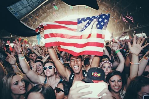 Crowd of people cheering at an outdoor music festival, with a man holding an American flag aloft in the center of the frame.